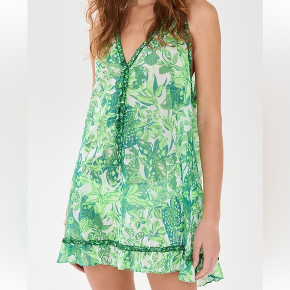 NWT Poupette St Barth Mini Dali Cotton Sari Gauze Dress Green Jengel - Picture 2 of 13